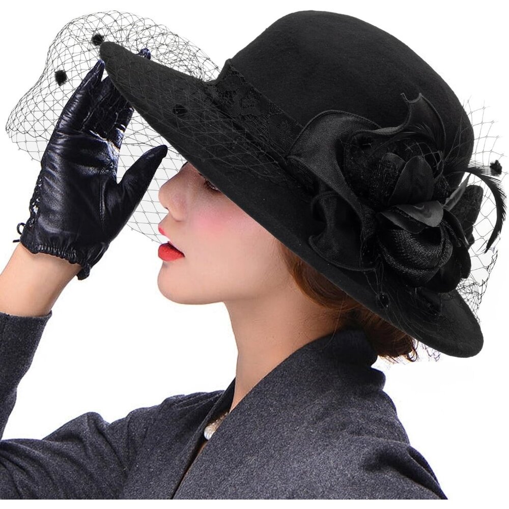 Women Flower Decor Bowler Fedora Hat with Veil Felt Brim Church Party Cap Vintag